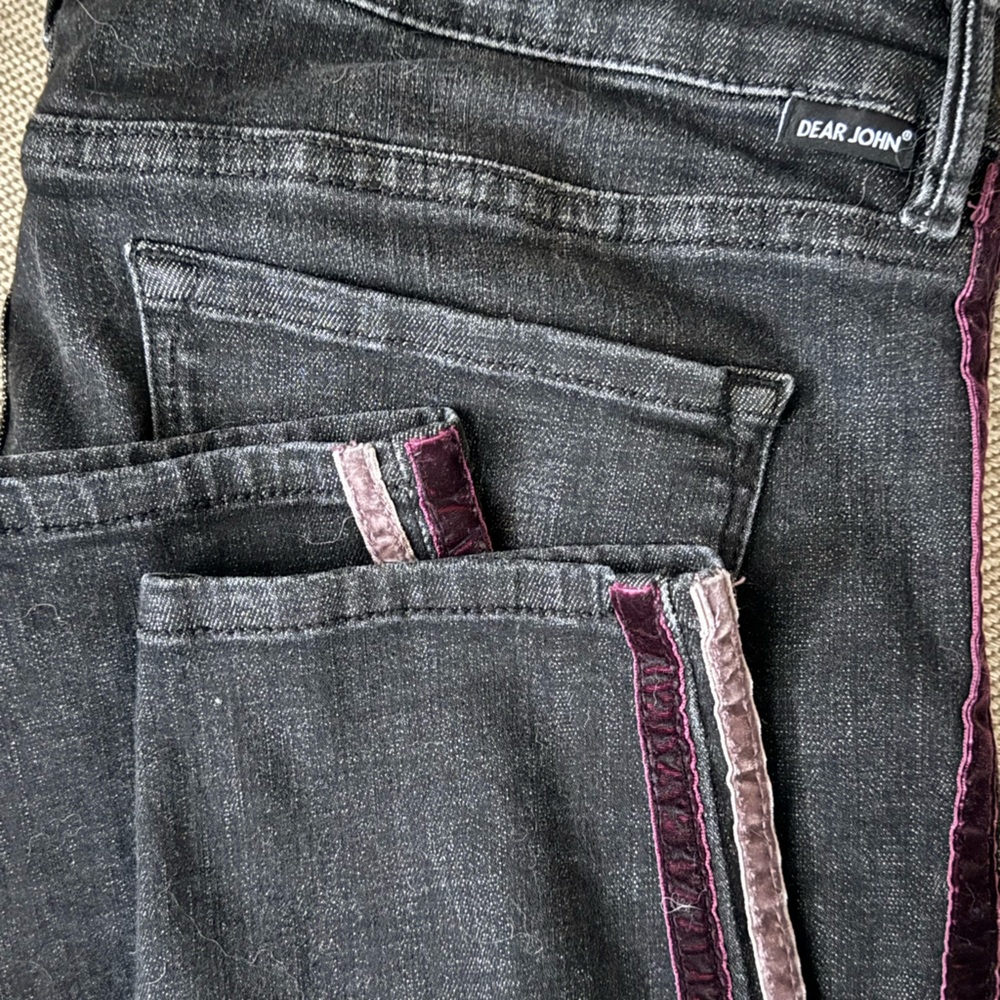 Dear John Women's Skinny Jeans in Washed Black with Pink Velvet Trim